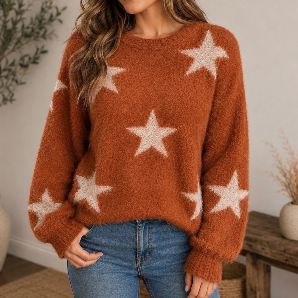 Almost Pink Fuzzy Star Print Eyelash Sweater Burnt Orange‎ Crew Neck Cozy Size S